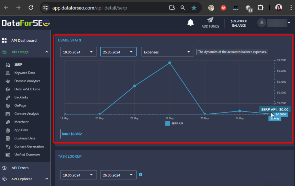 Figure 1 - DataForSEO dashboard with SERP API usage statistics