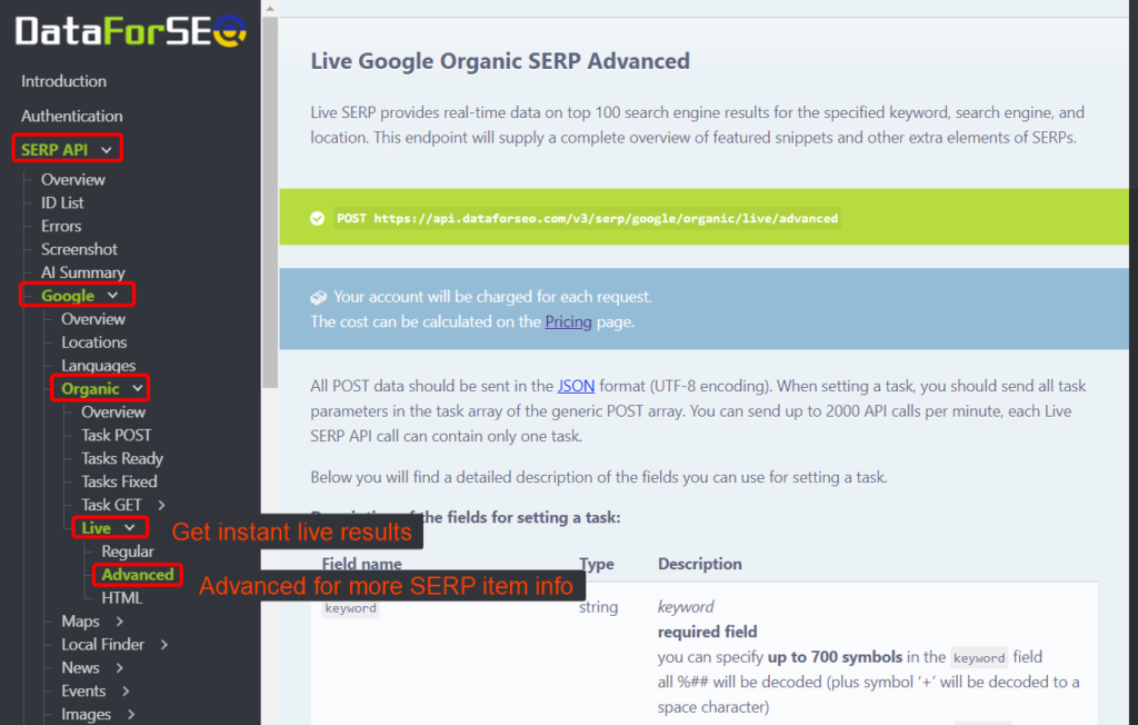 Figure 4 - DataForSEO SERP API documentation - Google Organic Live Advanced endpoint